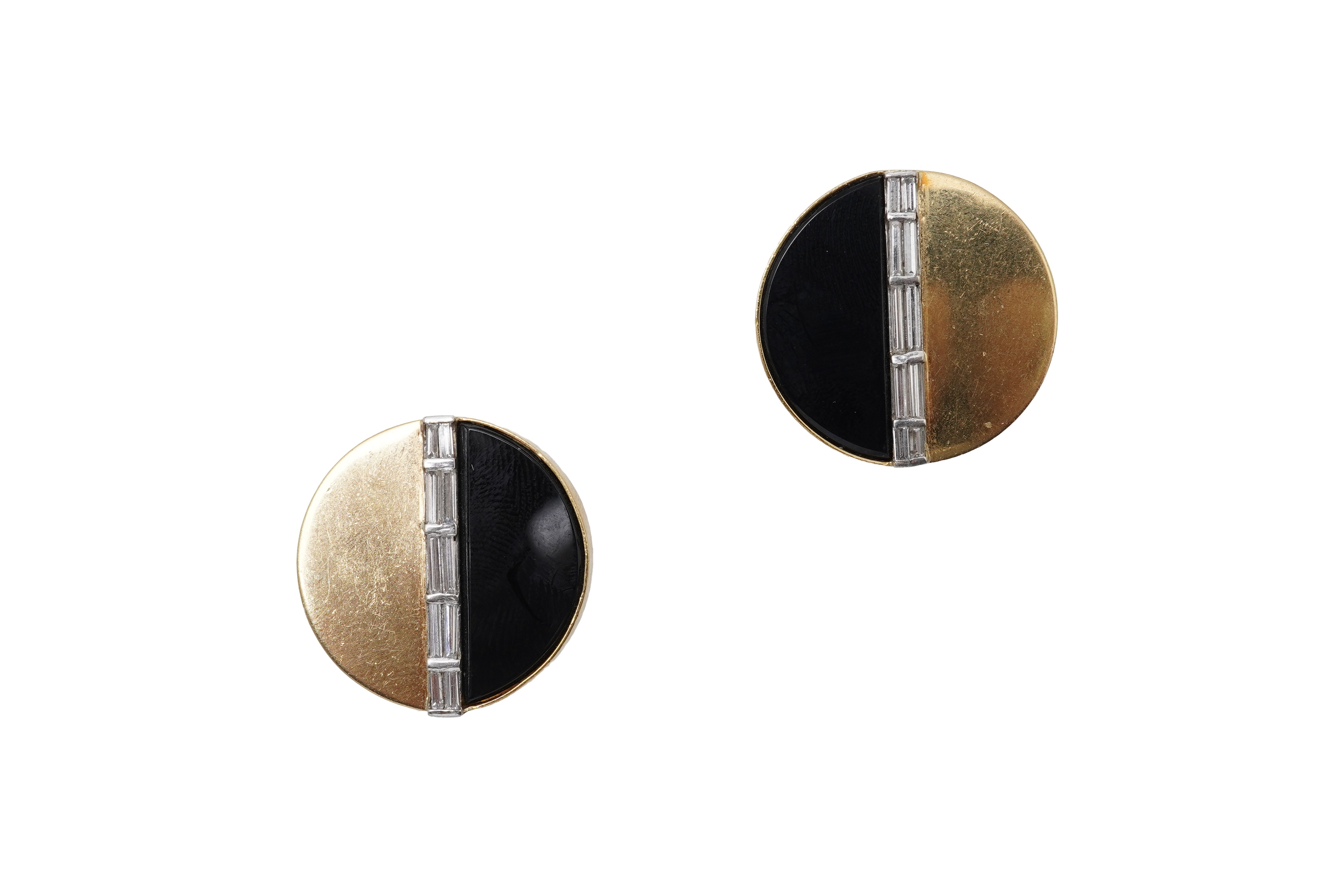 A pair of gold, onyx and diamond earrings, 1970s